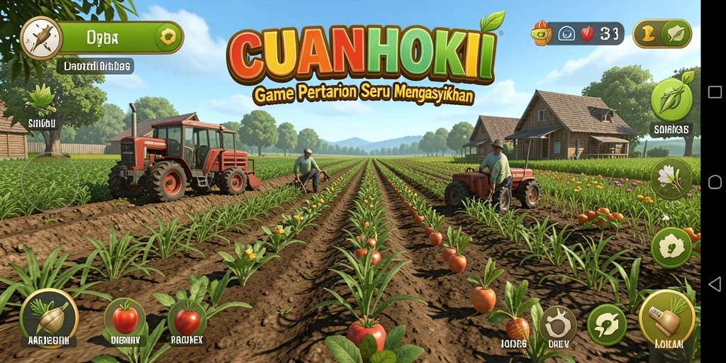 Tampilan gameplay CUANHOKI dengan pertanian yang menawan dan interaktif.