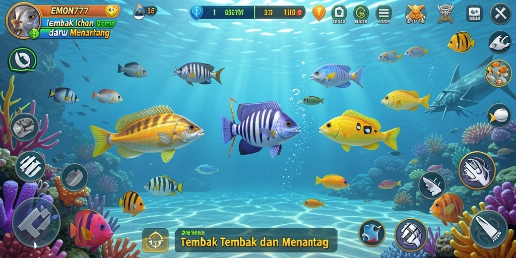 Tangkapan layar gameplay EMON777 menunjukkan aksi seru menembak ikan.