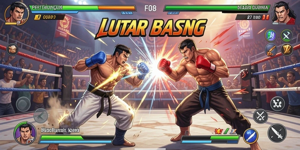 Tampilan pertarungan seru dalam F08 dengan karakter unik.