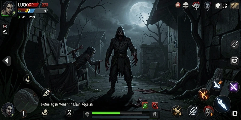 Screenshot gameplay LUCKYRP menampilkan suasana horor yang mencekam.