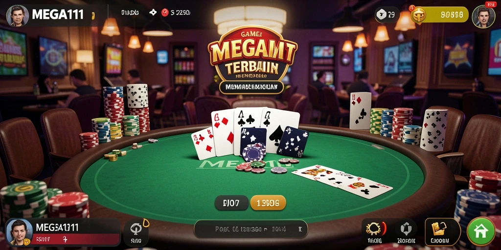 Screenshot MEGA111 menunjukkan antarmuka permainan Poker yang menarik dan interaktif.