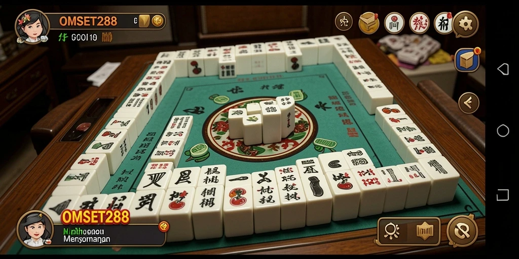 Tampilan gameplay seru dalam OMSET288 dengan ubin Mahjong yang berwarna-warni.