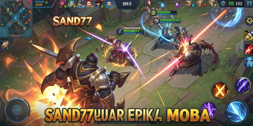 Tampilan aksi seru dalam permainan SAND77 dengan karakter yang beragam.