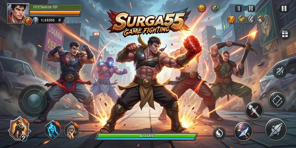 Screenshot utama SURGA55 menampilkan pertarungan seru antara dua karakter.